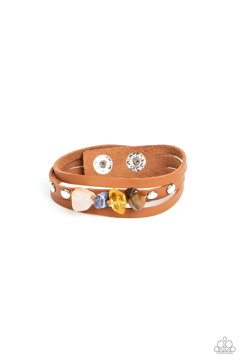 Paparazzi Accessories Creek Cache - Multi Chunks of tiger's eye, citrine, lapis lazuli and quartz stones are threaded along a knotted cord that is studded in place along the center band of a layered leather bracelet for a seasonal finish. Features an adju