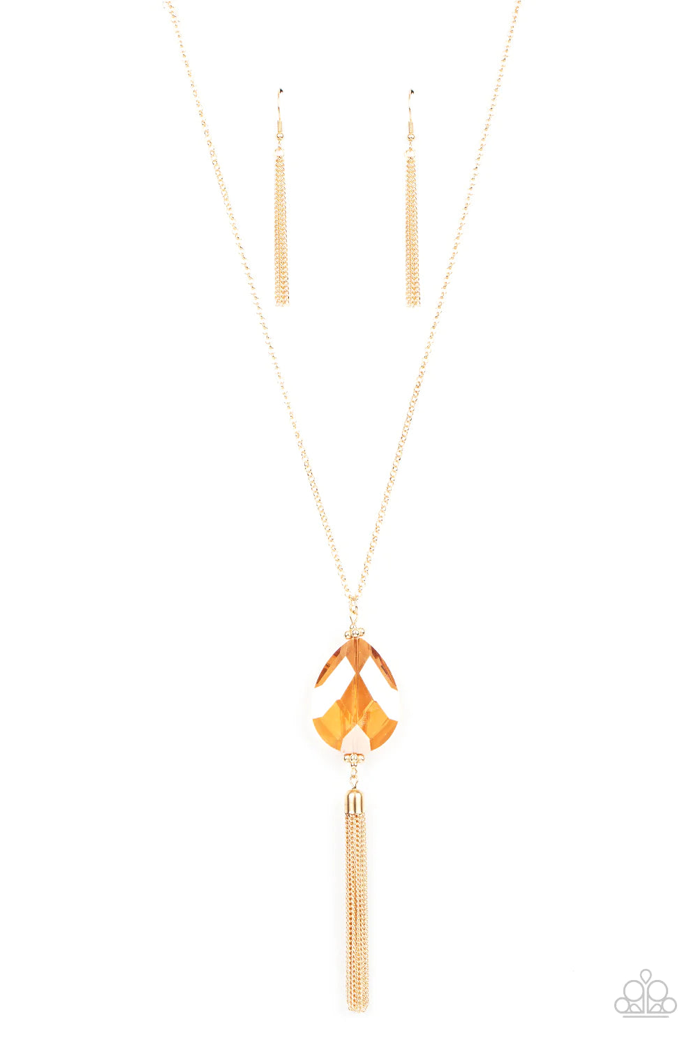 Paparazzi Accessories Interstellar Solstice - Gold Infused with a glistening gold chain tassel, an oversized golden teardrop gem swings from the bottom of a lengthened gold chain for a glamorously glitzy finish. Features an adjustable clasp closure. Sold