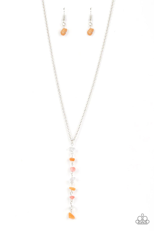 Paparazzi Accessories Tranquil Tidings - Orange A dainty stack of quartz, citrine, and rose quartz pebbles trickles from the bottom of a classic silver chain, creating a tranquil extended pendant down the chest. Features an adjustable clasp closure. As th