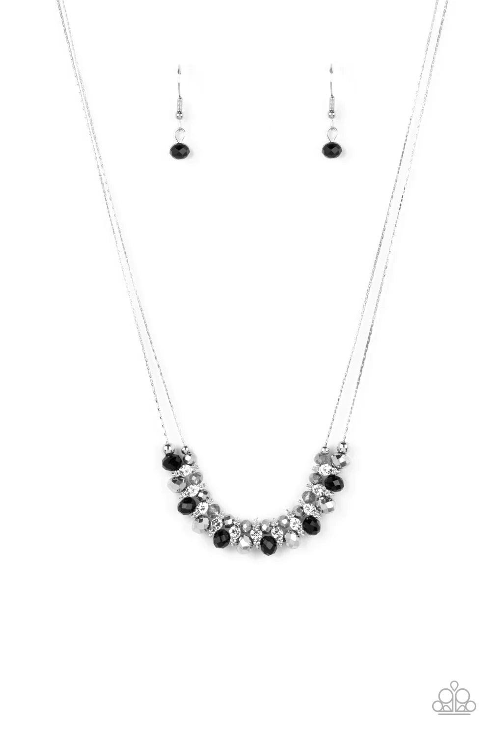 Paparazzi Accessories Shimmering High Society - Black Strung between two dainty rows of silver wheat chain, a glistening collection of glassy beads, white rhinestones, and silver accents rests below the collar. The double layer of jet black and smoky, gla