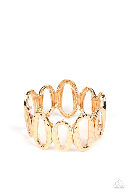 Paparazzi Accessories Homestead Heirloom - Gold Hammered in a tactile shimmer, an asymmetrical collection of large and medium sized gold oval frames alternates along stretchy bands around the wrist for a handcrafted vibe. Sold as one individual bracelet.