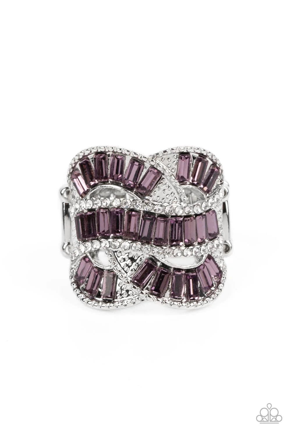 Paparazzi Accessories Six-Figure Flex - Purple Rich purple rhinestones, chiseled into dramatic emerald-cuts, fall in line along twisting bands of silver. Tiny white rhinestones border the top and bottom edges of the swirling silver bands, emphasizing the