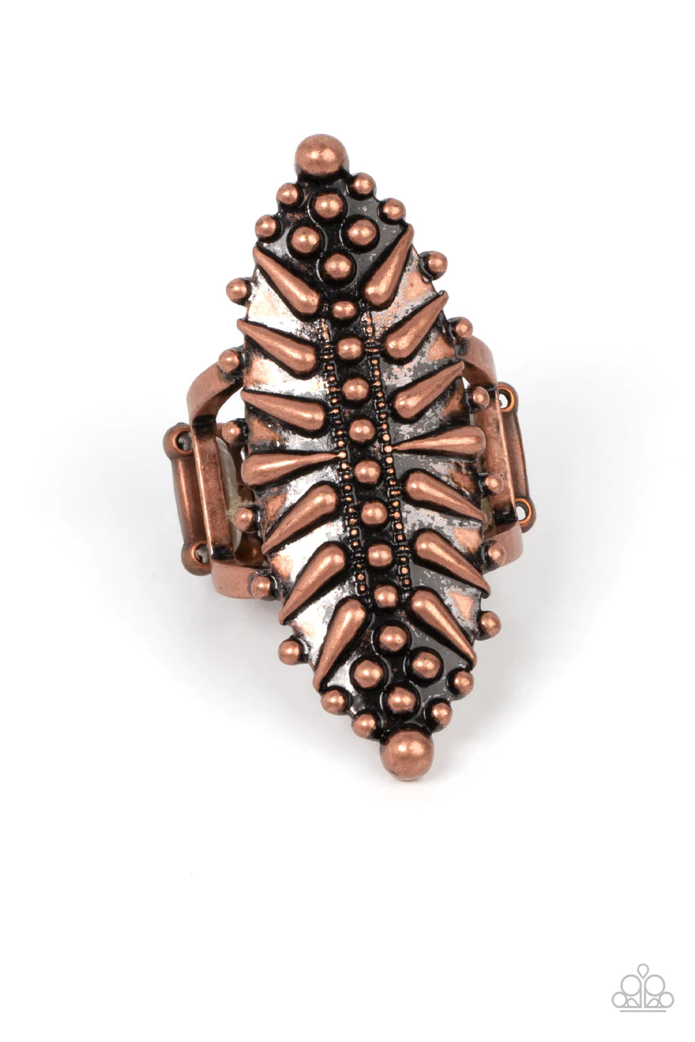 Paparazzi Accessories Bump, Set, Spike! - Copper An oblong and oval copper frame is studded in rustic dot and spike-like details, resulting in an edgy centerpiece atop the finger. Features a stretchy band for a flexible fit. Sold as one individual ring. J