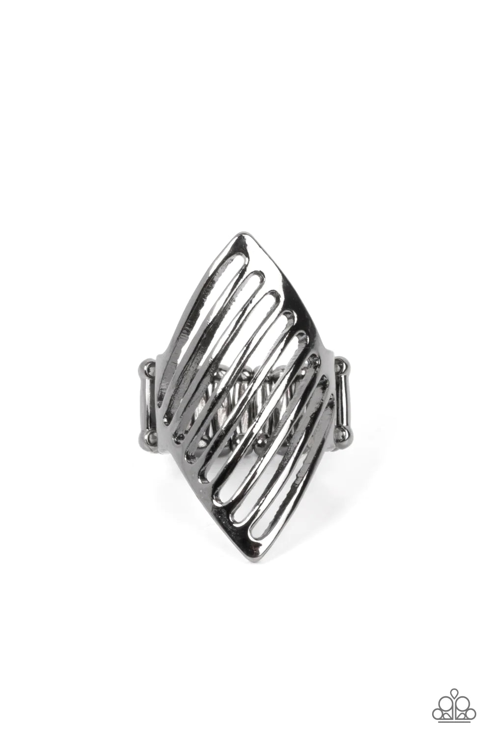 Paparazzi Accessories I Just Need to Vent - Black Featuring rows of linear stenciled cutouts, a gunmetal diamond shaped frame curls around the finger, allowing the skin to peek through the vented pattern for a natural finish. Features a stretchy band for