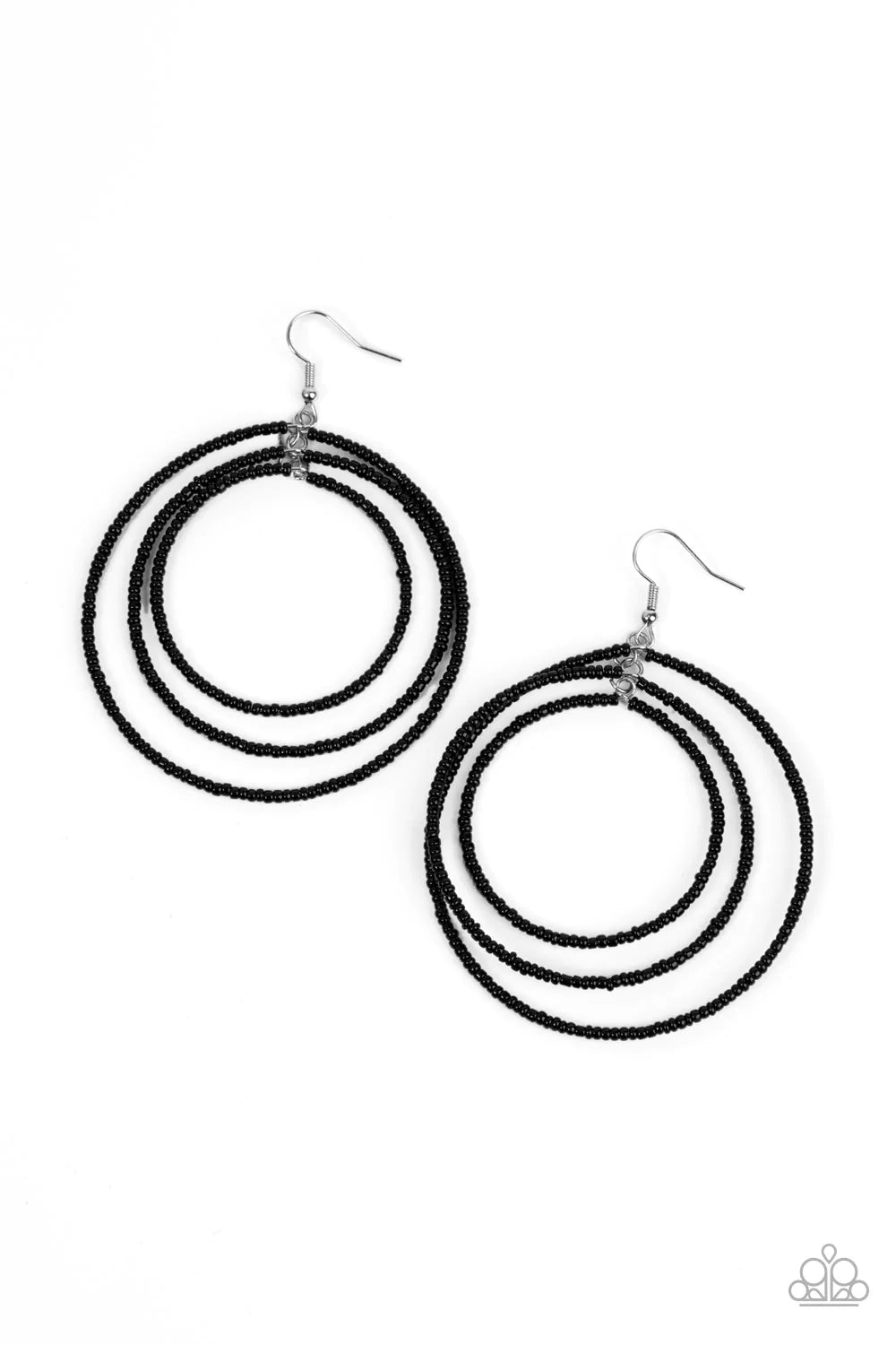 Paparazzi Accessories Colorfully Circulating - Black Three oversized rings of dainty black seed beads ripple into colorfully layered hoops, resulting in a dizzying display. Earring attaches to a standard fishhook fitting. Sold as one pair of earrings. Jew