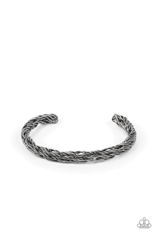 Paparazzi Accessories Rally Together - Black Glistening gunmetal wires twist and coil into a single cuff around the wrist, resulting in a gritty edge. Sold as one individual bracelet.
