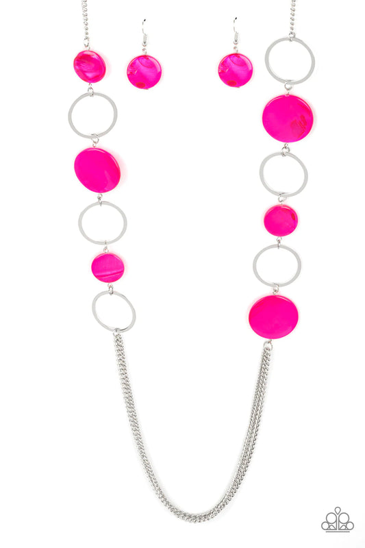 Paparazzi Accessories Beach Hub - Pink Sections of hot pink shell-like discs link with flat silver hoops down the chest, giving way to layers of shimmery silver chain for a tropical inspired flair. Features an adjustable clasp closure. Sold as one individ