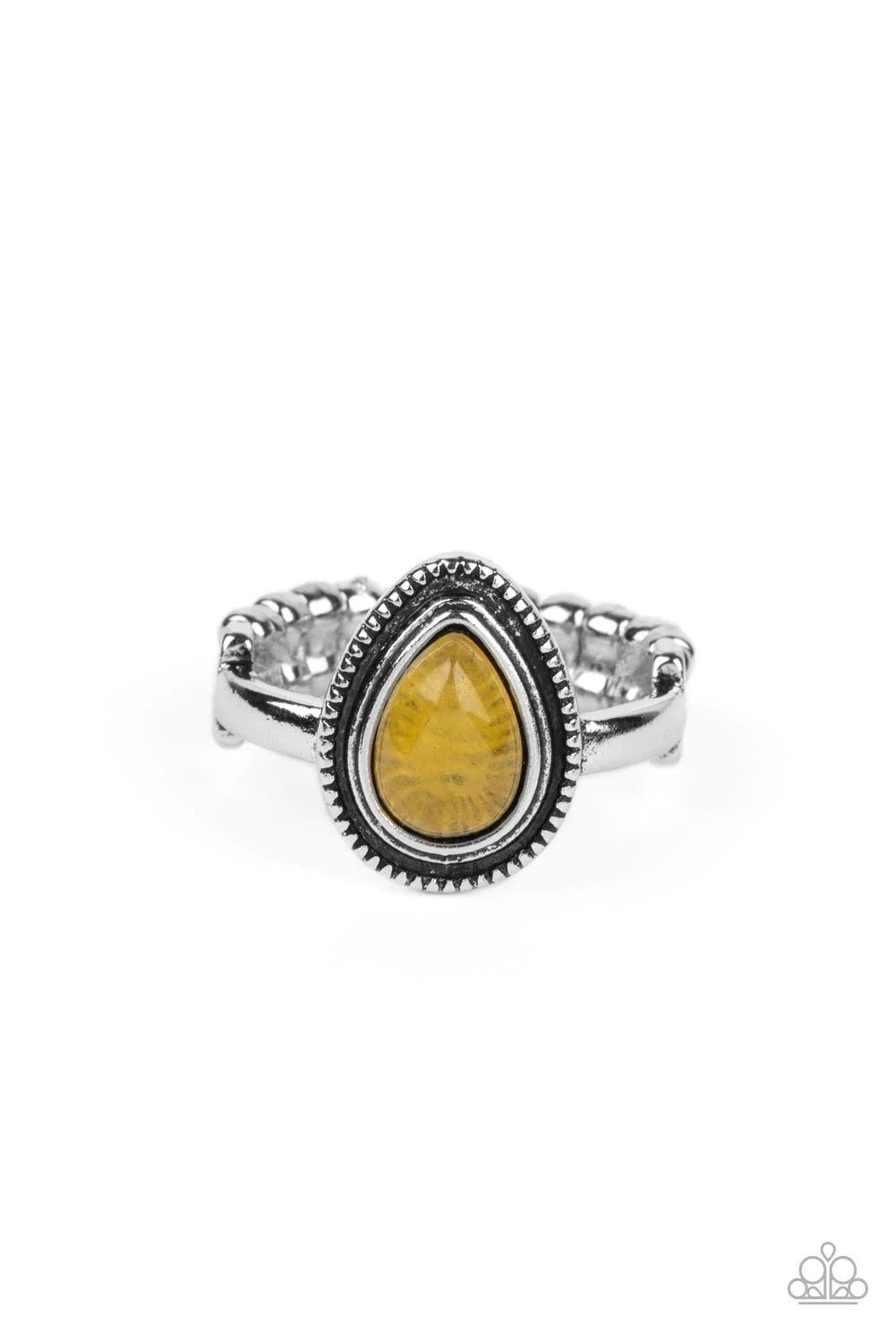 Paparazzi Accessories Eco Elements - Yellow A yellow teardrop stone is pressed into the center of a textured silver frame atop a dainty silver band, creating an earthy statement piece. Features a dainty stretchy band for a flexible fit. As the stone eleme