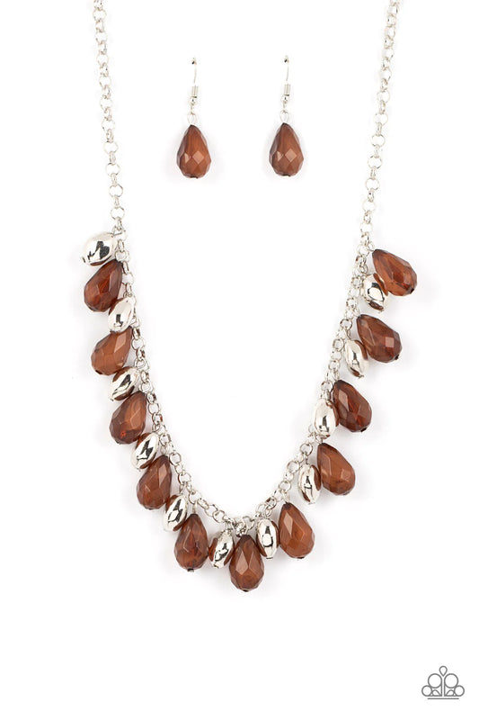 Paparazzi Accessories Summertime Tryst - Brown Featuring a faceted shimmer, opaque brown teardrop beads alternate with imperfect silver beads along a classic silver chain, swaying into a colorful fringe below the collar. Features an adjustable clasp closu