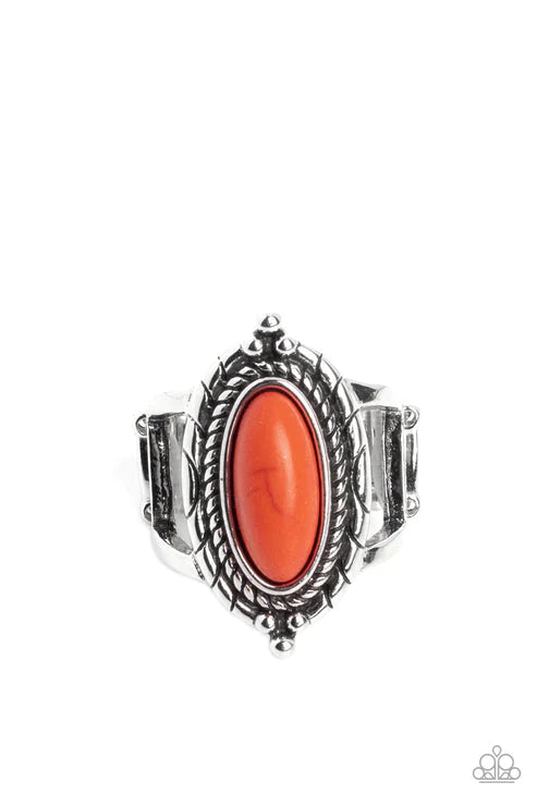 Paparazzi Accessories Mojave Metro - Orange An oblong burnt orange stone adorns the center of a ring of spun rope-like silver inside of a textured and studded silver frame, creating a colorful artisanal centerpiece atop the finger. Features a stretchy ban