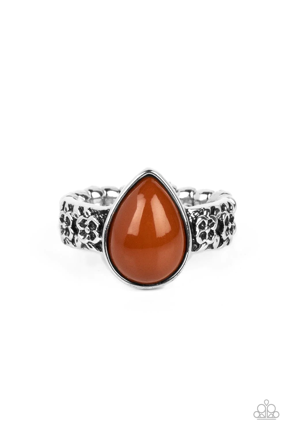 Paparazzi Accessories Rainbow Raindrops - Brown A polished teardrop-shaped bead in the warm shade of Caramel Café is wrapped in a silver frame and set atop a silver band. Floral details embellish the band on each side of the centerpiece, adding a touch of