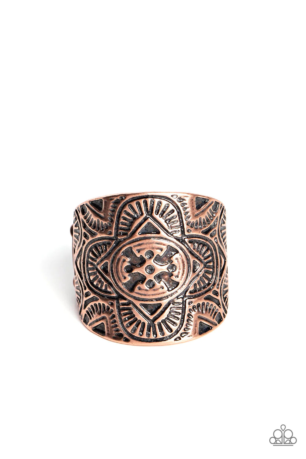 Paparazzi Accessories Argentine Arches - Copper Engraved geometric shapes, lines, and patterns fill a copper plate that curves around the finger, creating a trendy centerpiece. Features a stretchy band for a flexible fit. Sold as one individual ring. Jewe