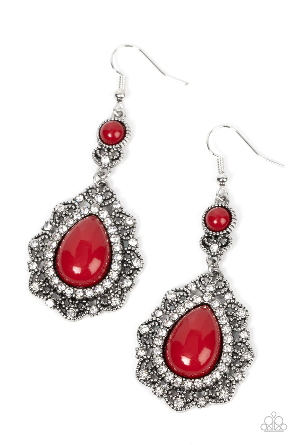 Paparazzi Accessories Palace Bribe - Red An oversized wine teardrop bead is bordered in a ring of glassy white rhinestones atop a silvery backdrop of a white rhinestone dotted heart motif. The charming frame swings from a matching beaded and rhinestone en