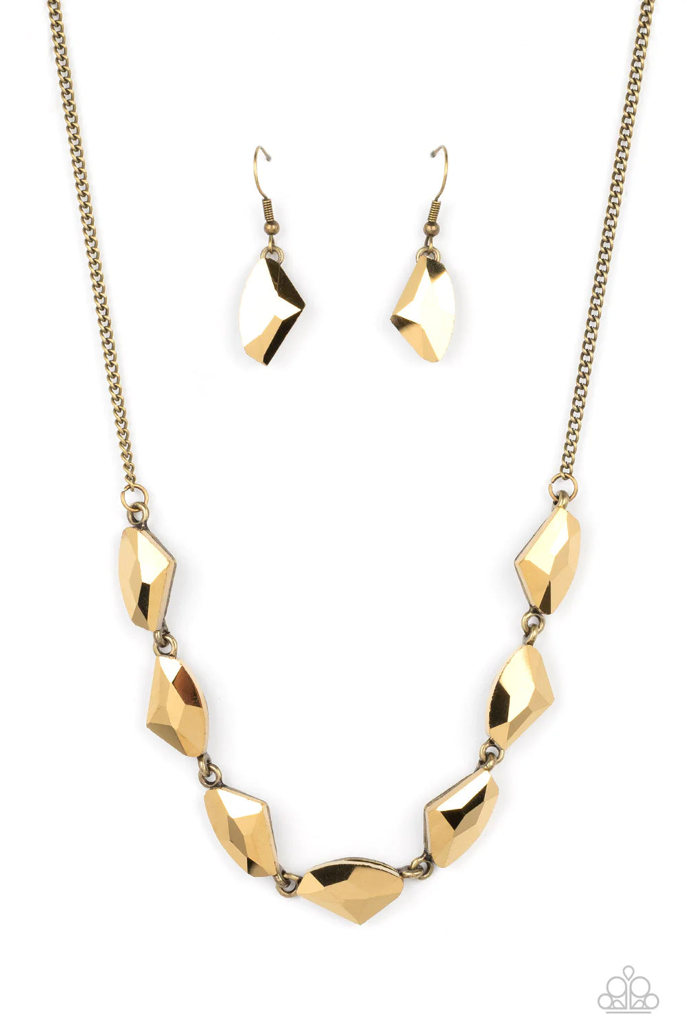 Paparazzi Accessories Raw Rapture - Brass A jagged collection of aurum rhinestones falls along the neckline in a fierce display. The asymmetrical cuts of each rhinestone are emphasized by their dramatic faceted surfaces, bouncing light in every direction