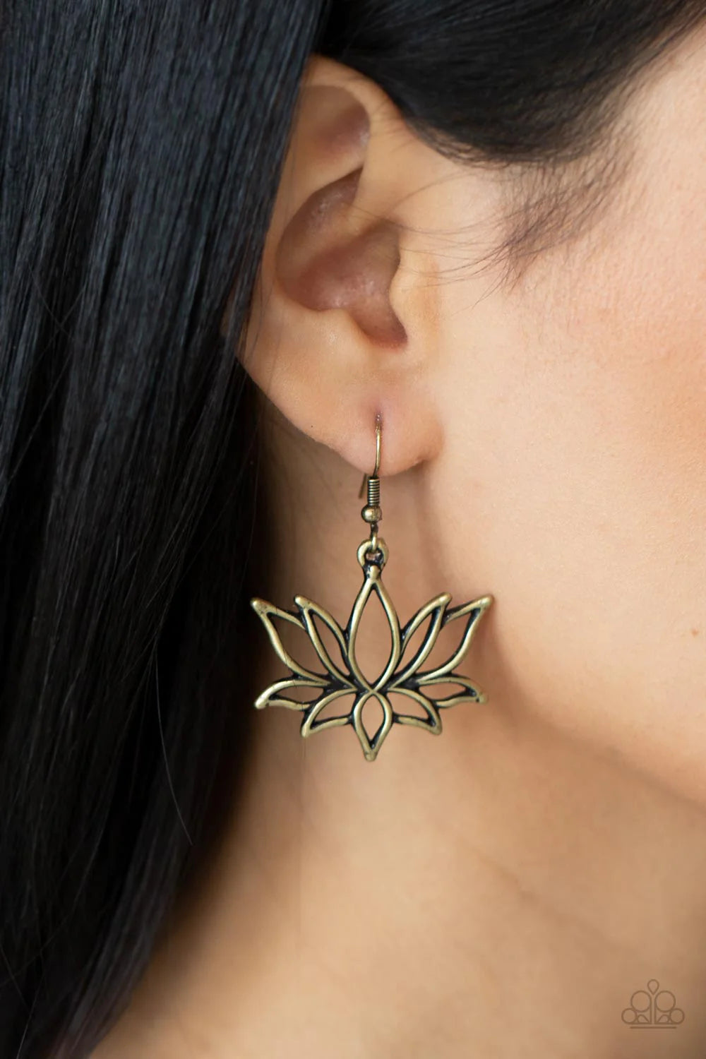 Paparazzi Accessories Lotus Ponds - Brass Brushed in an antiqued shimmer, an oversized brass lotus swings from the ear for a seasonal fashion. Earring attaches to a standard fishhook fitting. Sold as one pair of earrings. Jewelry