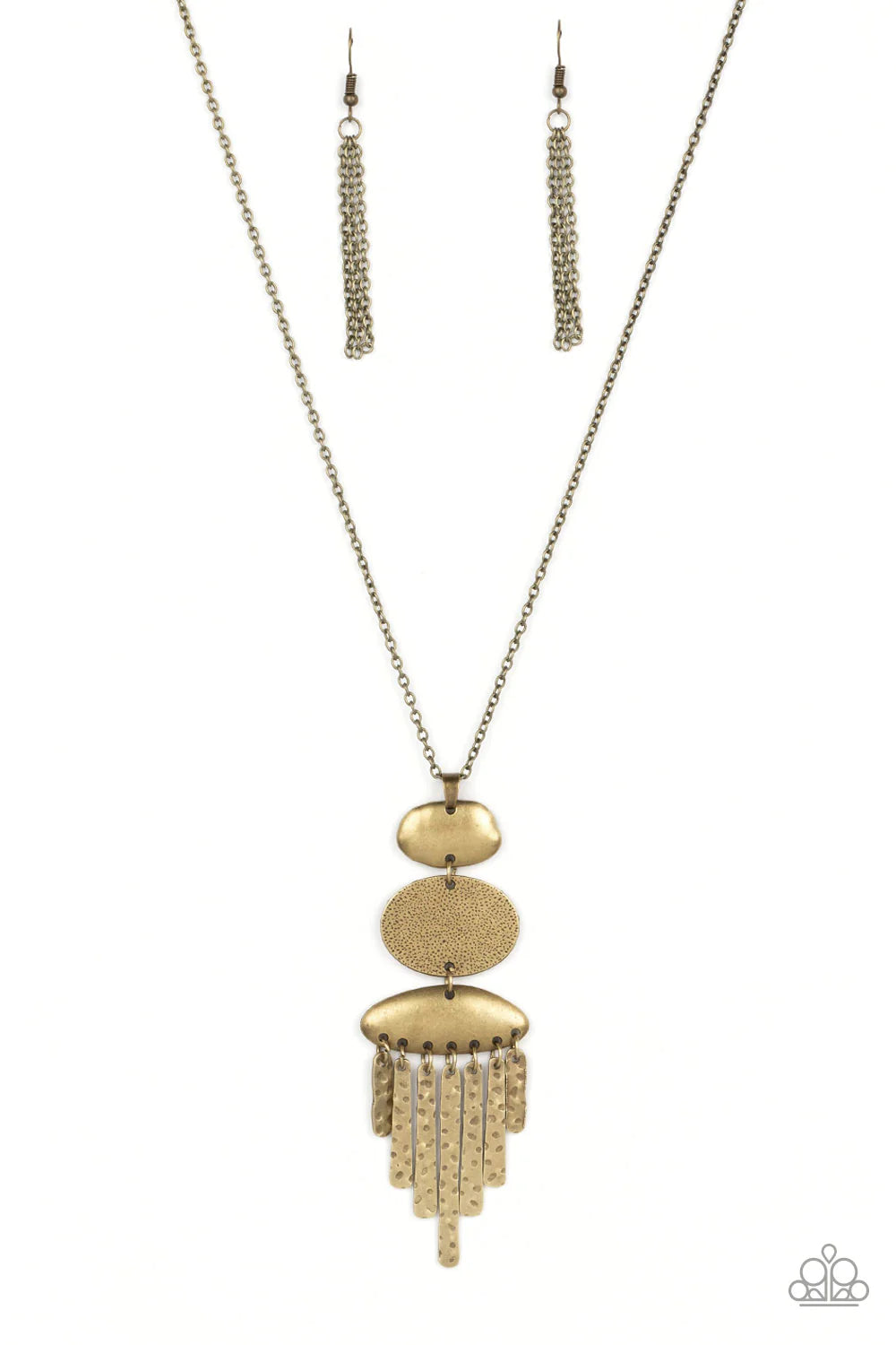 Paparazzi Accessories After the ARTIFACT - Brass A hammered brass oval frame is flanked between two asymmetrical brass frames at the bottom of a lengthened brass chain. Hammered brass pendulums swing from the bottom of the stacked pendant, adding playful