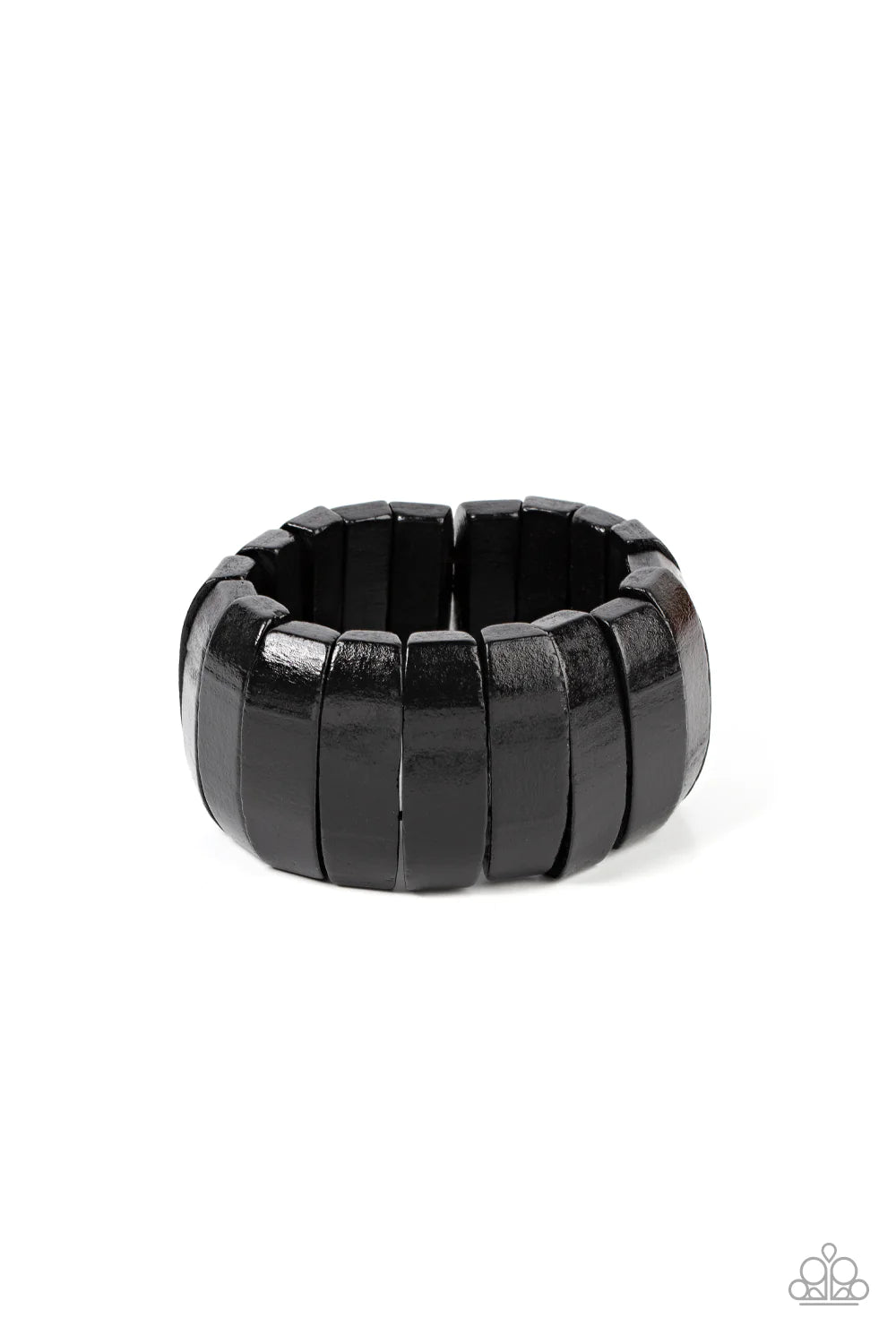 Paparazzi Accessories Boardwalk Bonanza - Black Smooth black wooden panels are threaded along stretchy bands to create a tropical vibe as they fall around the wrist. Sold as one individual bracelet. Jewelry