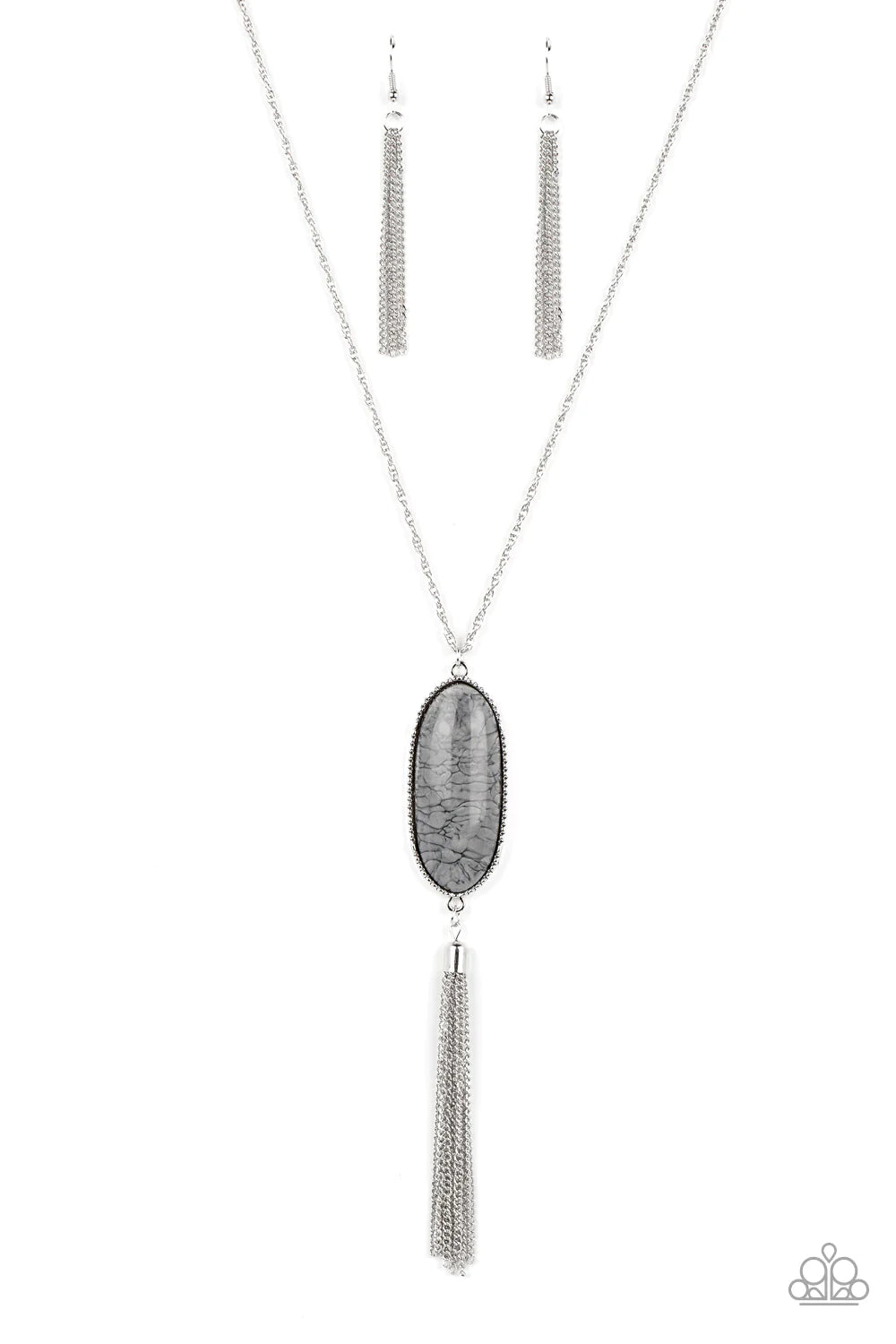 Paparazzi Accessories Southern Stroll - Silver Shimmery Northern Droplet lacquer-like paint swirls into a faux stone pattern inside of a glassy casing. The oblong pendant glides along a classic silver chain below the collar while a silver tassel dances fr