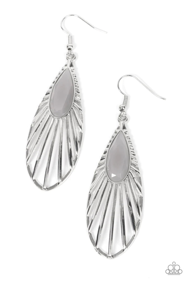 Paparazzi Accessories WING-A-Ding-Ding - Silver Reminiscent of a butterfly wing, shiny silver bars flare out from an opaque gray teardrop bead and delicately connect into a whimsical frame. Earring attaches to a standard fishhook fitting. Sold as one pair