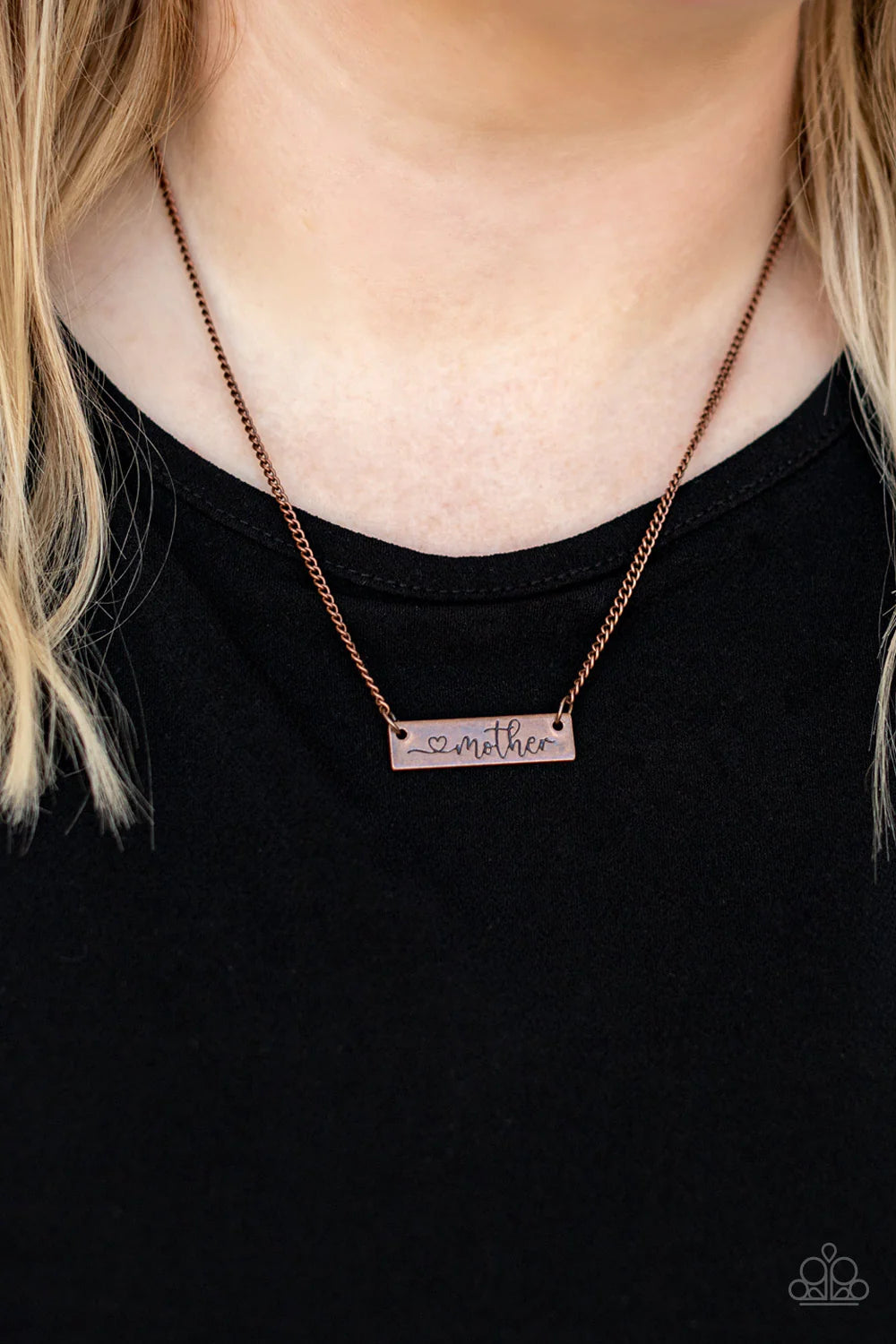 Paparazzi Accessories Joy of Motherhood - Copper Stamped in a heart and the word, "Mother," an antiqued copper plate is suspended by a classic copper chain below the collar, creating a whimsy sentimental pendant. Features an adjustable clasp closure. Sold