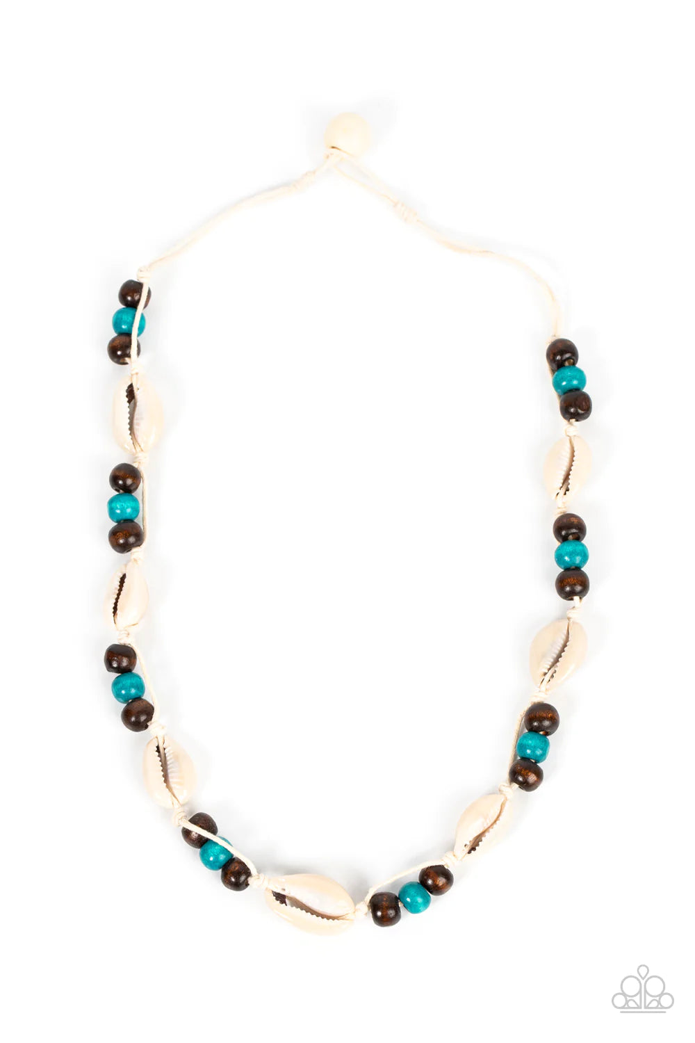 Paparazzi Accessories Bermuda Beachcomber - Blue Dainty white cowrie seashells alternate with sections of brown and blue wooden beads along knotted white cords, resulting in a beach inspired palette below the collar. Features a button loop closure. Sold a