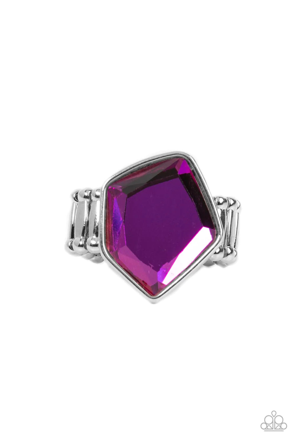 Paparazzi Accessories Abstract Escapade - Purple Featuring an orange UV finish, a faceted geometric purple gem sits asymmetrically atop the finger for a stellar finish. Features a stretchy band for a flexible fit. Sold as one individual ring. Jewelry