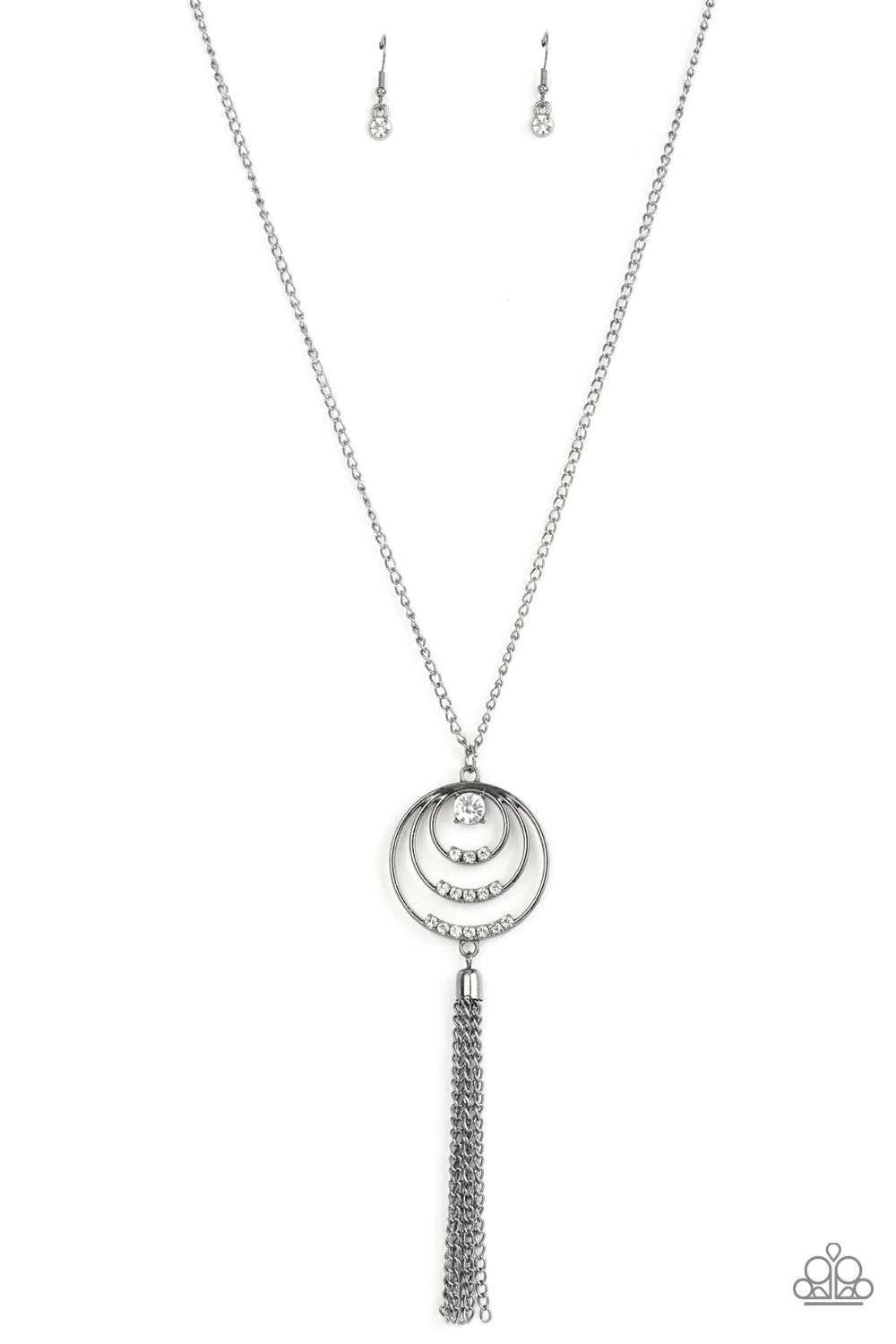 Paparazzi Accessories Spiraling Sparkle - Black Embellished with rows of white rhinestones, concentric gunmetal hoops connect into a single pendant at the bottom of a gunmetal chain. A glistening gunmetal chain tassel swings from the bottom of the display