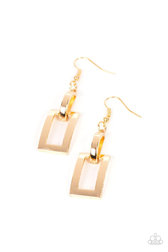 Paparazzi Accessories Blazing Buckles - Gold Featuring a high sheen shimmer, a glistening gold fitting attaches to a rectangular gold frame that gently curves into a buckle-like lure. Earring attaches to a standard fishhook fitting. Jewelry