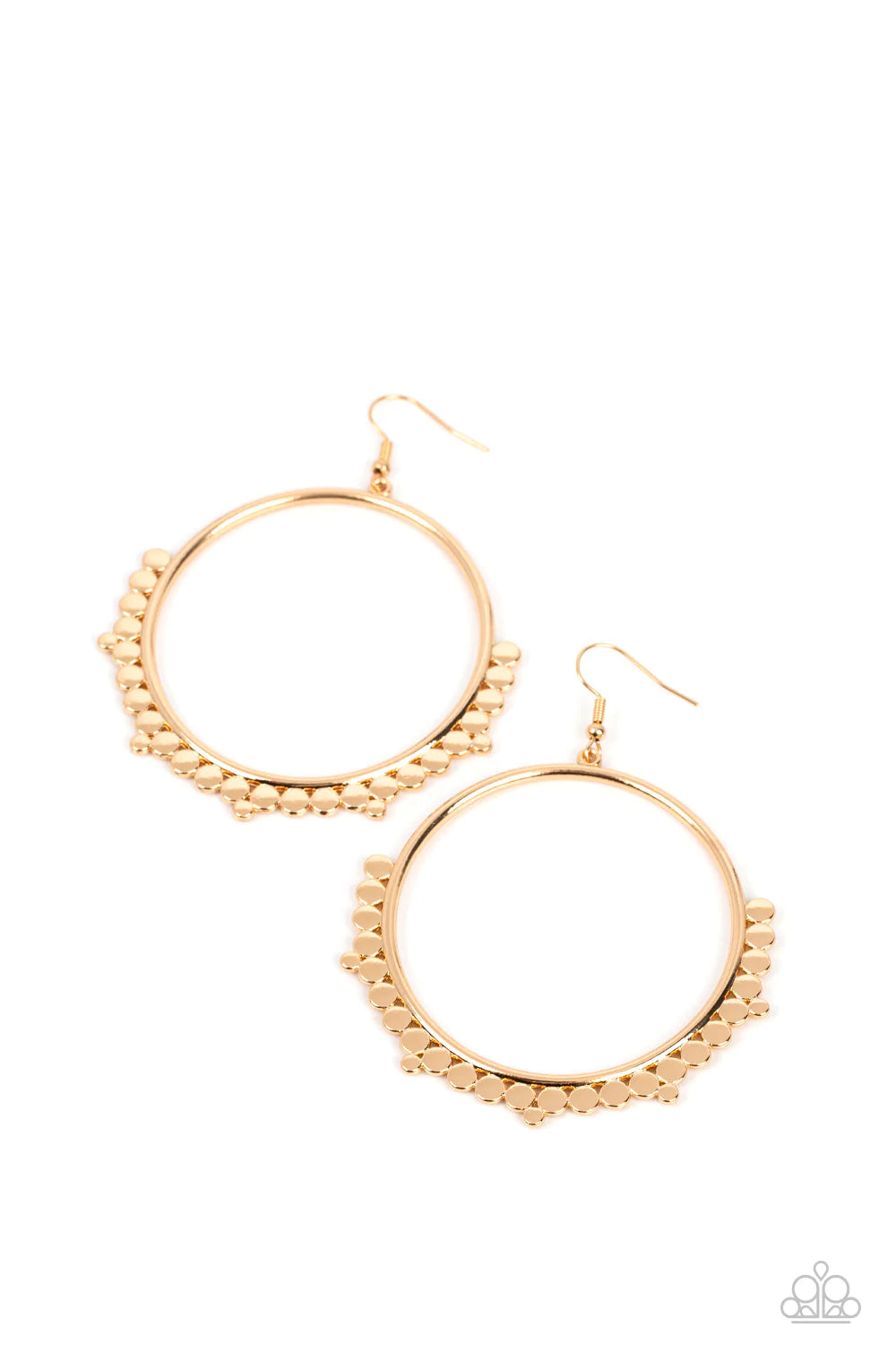 Paparazzi Accessories Ultra Untamable - Gold A collection of small, flat, gold discs gather along the bottom edge of an oversized gold hoop, creating an irresistible metallic fringe. Earring attaches to a standard fishhook fitting. Sold as one pair of Pap