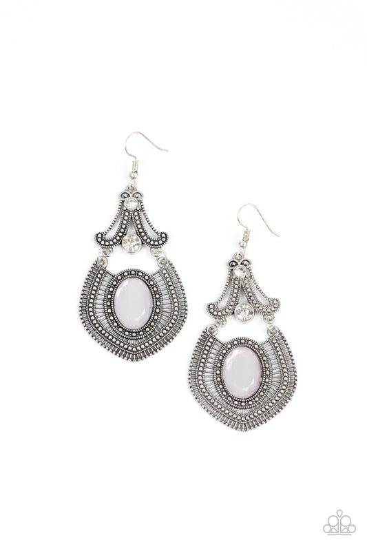 Paparazzi Accessories Panama Palace -Silver Studded silver detail and dainty silver bars fan out from an oversized opal gray gem at the bottom of a white rhinestone dotted frame, resulting in an ornate lure. Earring attaches to a standard fishhook fitting