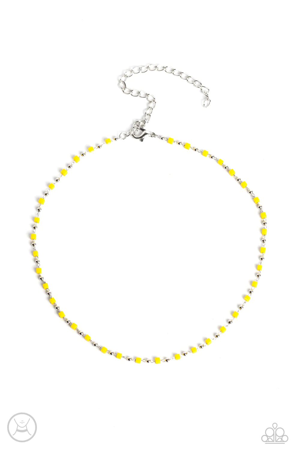 Paparazzi Accessories Neon Lights - Yellow Dainty silver beads and square Samoan Sun beads delicately link around the neck, creating a minimalist inspired bright pop of color. Features an adjustable clasp closure. Sold as one individual choker necklace. I