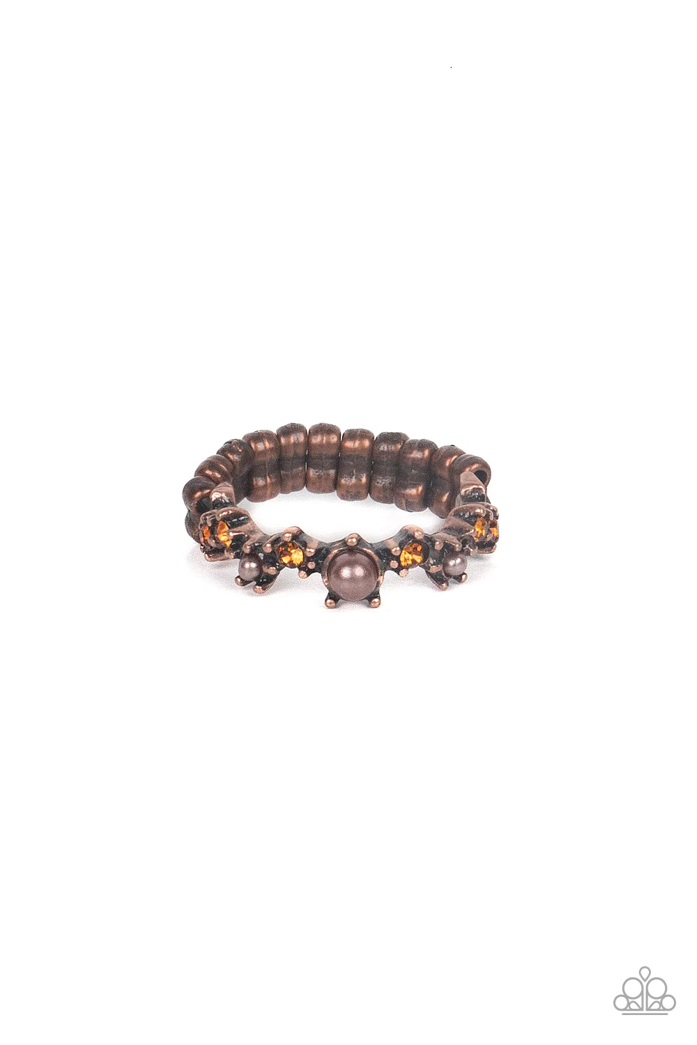 Paparazzi Accessories Blissfully Bella - Copper A coppery pearl bead encased in an antiqued copper pronged fitting is accompanied by sparkling topaz rhinestones and coppery pearl beads composing an exquisitely graceful fashion around the finger. Features