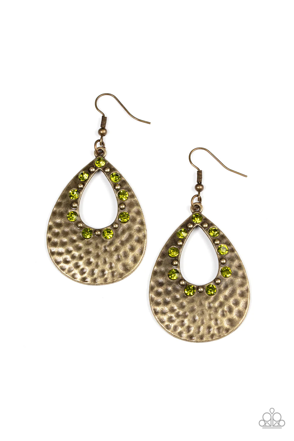 Paparazzi Accessories Terraform Twinkle - Green Glittery green rhinestones and dainty brass studs adorn the inner, airy teardrop cutout inside of a hammered brass teardrop, resulting in a rustically refined lure. Earring attaches to a standard fishhook fi