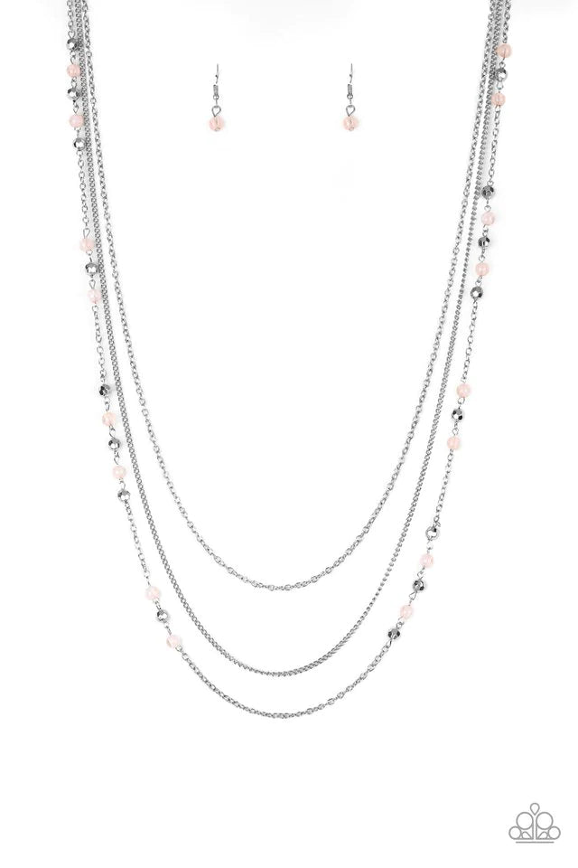 Paparazzi Accessories Colorful Cadence - Pink Faceted silver and glassy pink beads trickle along shimmery silver chains down the chest for a whimsical look. Features an adjustable clasp closure. Sold as one individual necklace. Includes one pair of matchi