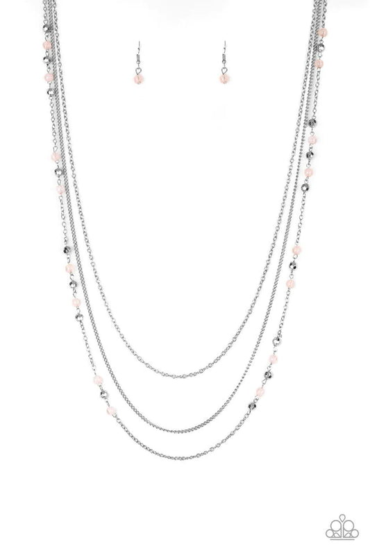 Paparazzi Accessories Colorful Cadence - Pink Faceted silver and glassy pink beads trickle along shimmery silver chains down the chest for a whimsical look. Features an adjustable clasp closure. Sold as one individual necklace. Includes one pair of matchi