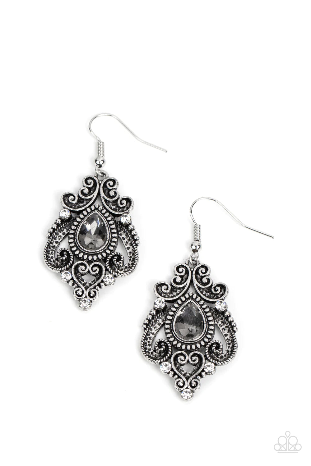 Paparazzi Accessories Palace Perfection - Silver Dotted with hints of glassy white rhinestones, studded and antiqued silver bars whirl into a regal heart shaped motif around a smoky teardrop center for a romantic finish. Earring attaches to a standard fis