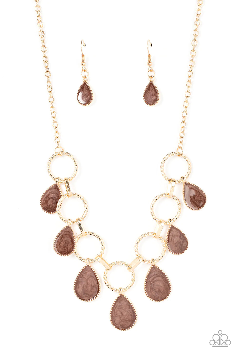 Paparazzi Accessories Golden Glimmer - Brown Swirling with brown glazed finishes, textured gold teardrops swing from the bottoms of spun gold hoops that link with pinched gold fittings below the collar, resulting in a refined fringe below the collar. Feat
