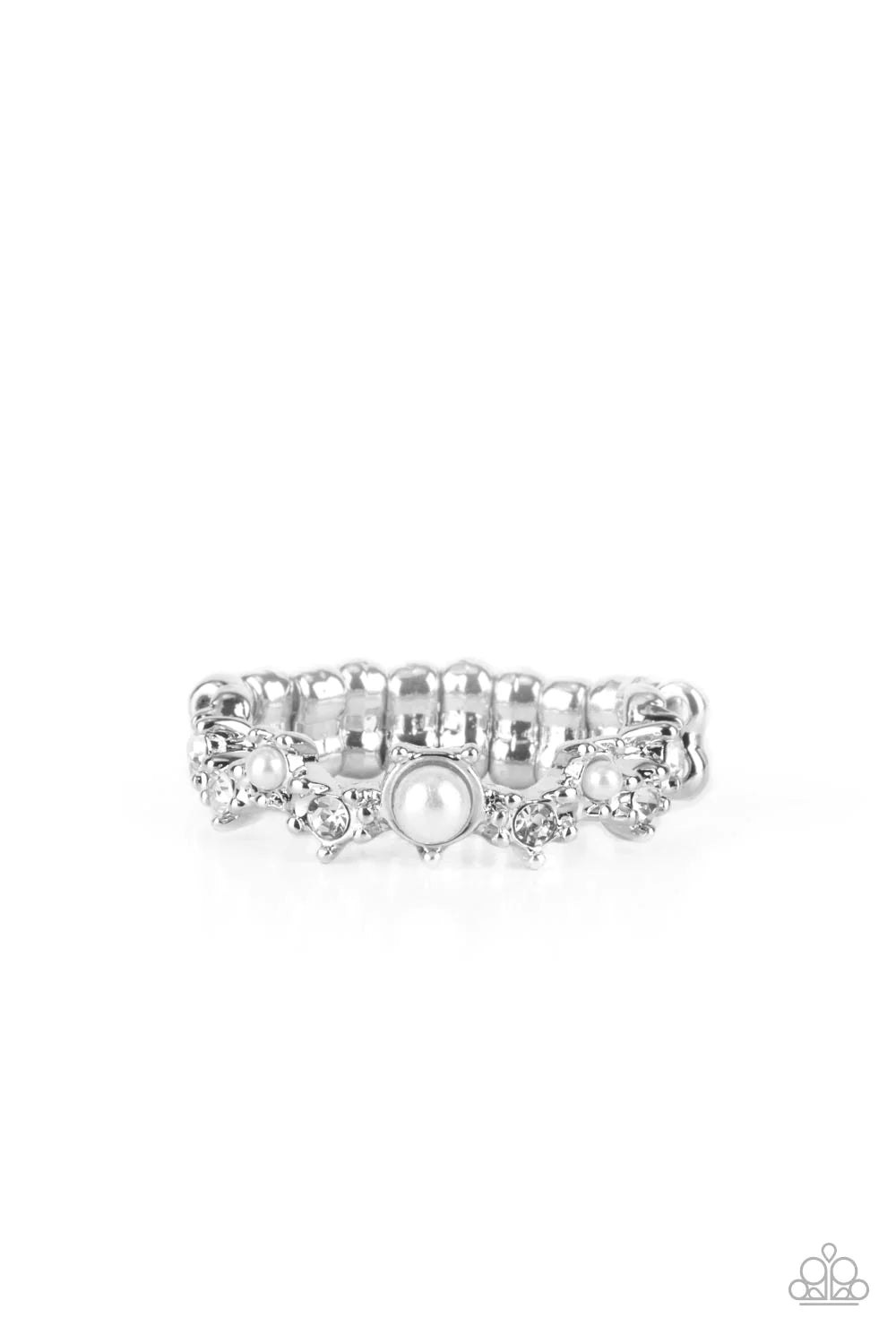 Paparazzi Accessories Blissfully Bella - White A dainty pearl bead encased in a classic silver pronged fitting is accompanied by sparkling white rhinestones and dotted pearl beads composing an exquisitely graceful fashion around the finger. Features a dai