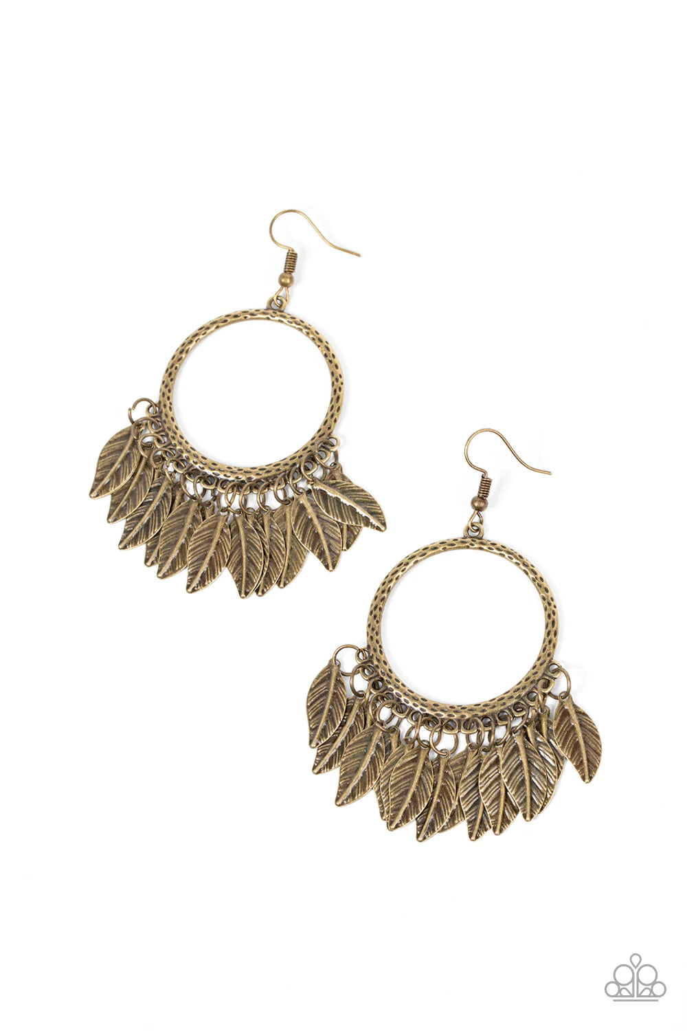 Paparazzi Accessories FOWL Tempered - Brass Embossed brass feathers dance from the bottom of a hammered brass hoop, resulting into a free-spirited fringe. Earring attaches to a standard fishhook fitting.