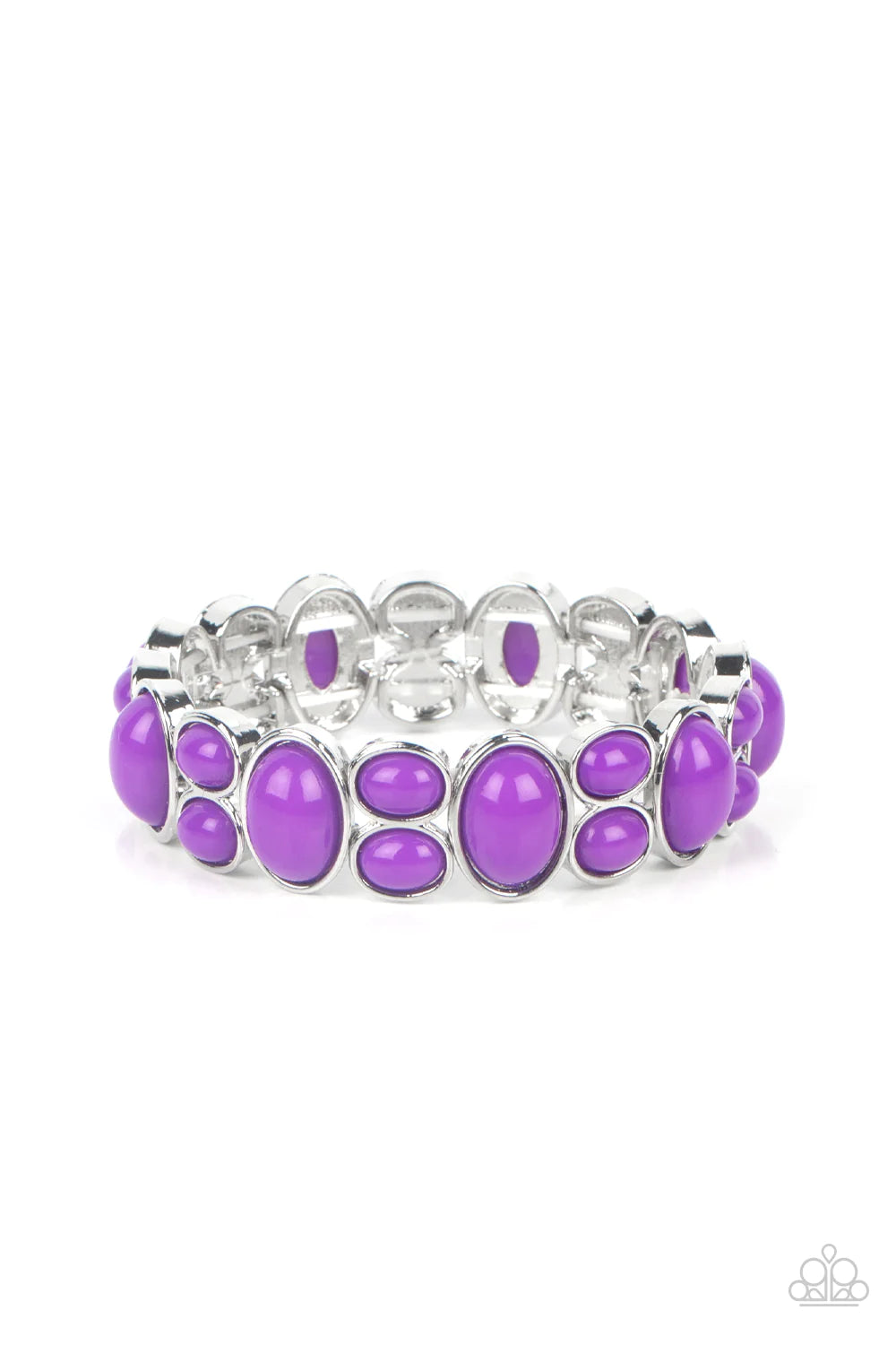 Paparazzi Accessories Tic Tac Dance - Purple Encased in shiny silver frames, stacks of purple oval beads alternate with oversized purple ovals along stretchy bands around the wrist for a posh pop of color. Sold as one individual bracelet.