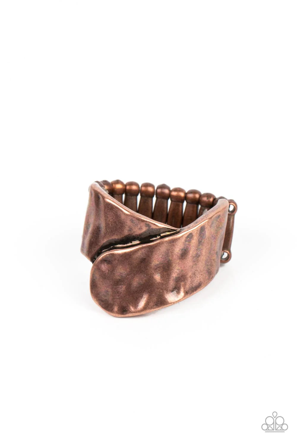 Paparazzi Accessories Hidden Troves - Copper Two wide copper ribbons are hammered in texture as they delicately overlap at the center of the finger to create a rustic metallic statement piece. Features a stretchy band for a flexible fit. Sold as one indiv