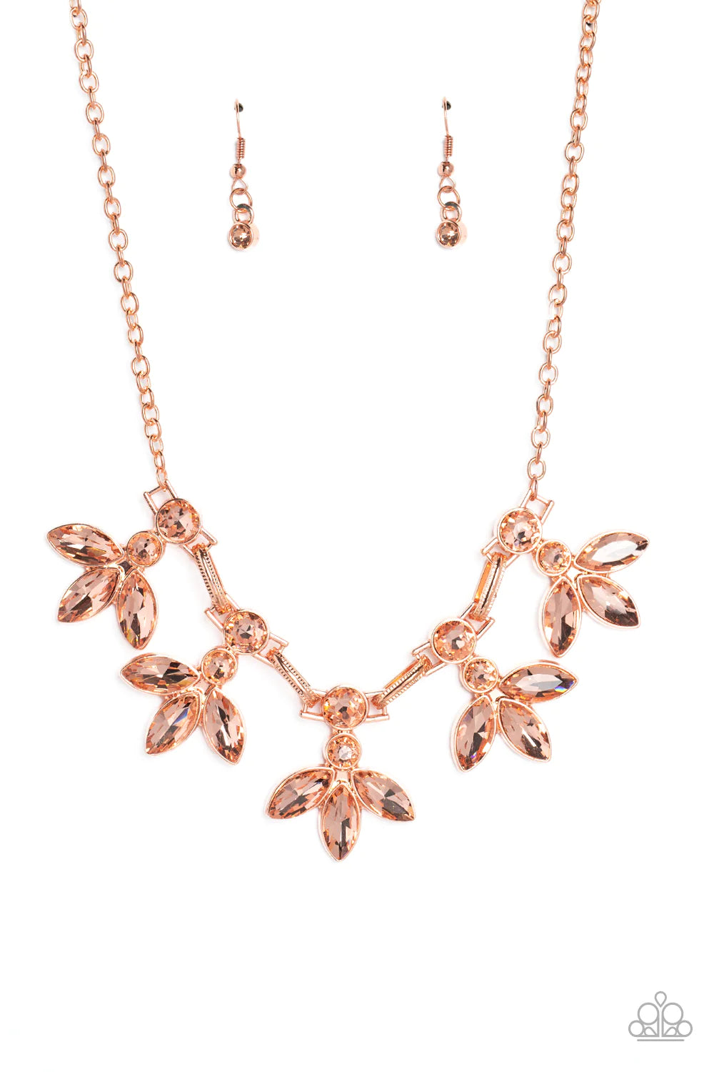 Paparazzi Accessories Dauntlessly Debonair - Copper Featuring warm marquise style cuts, oversized peachy gems fan out from an interconnected, circular peachy rhinestone display. Separating the warm florals, airy shiny copper ovals, stamped with a dot moti