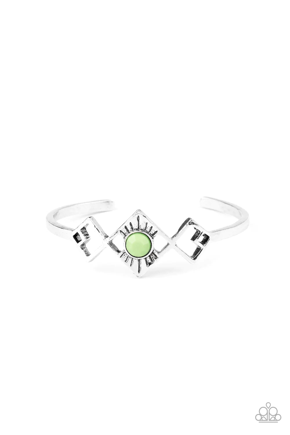 Paparazzi Accessories Dainty Deco - Green Featuring a green beaded center, tilted square frames attach to a dainty silver cuff, creating an abstract centerpiece.Sold as one individual bracelet.