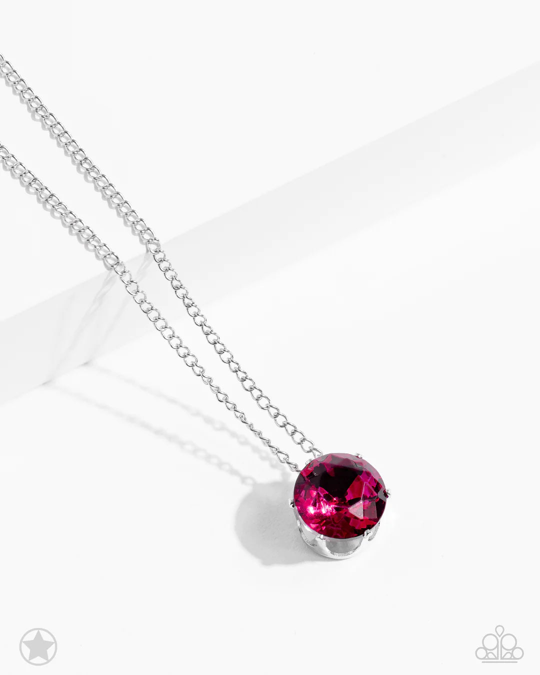 Paparazzi Accessories What A Gem - Pink A single fuchsia rhinestone sparkles brilliantly at the bottom of a dainty silver chain, creating a stunning solitaire design. Features an adjustable clasp closure. Sold as one individual necklace. Includes one pair
