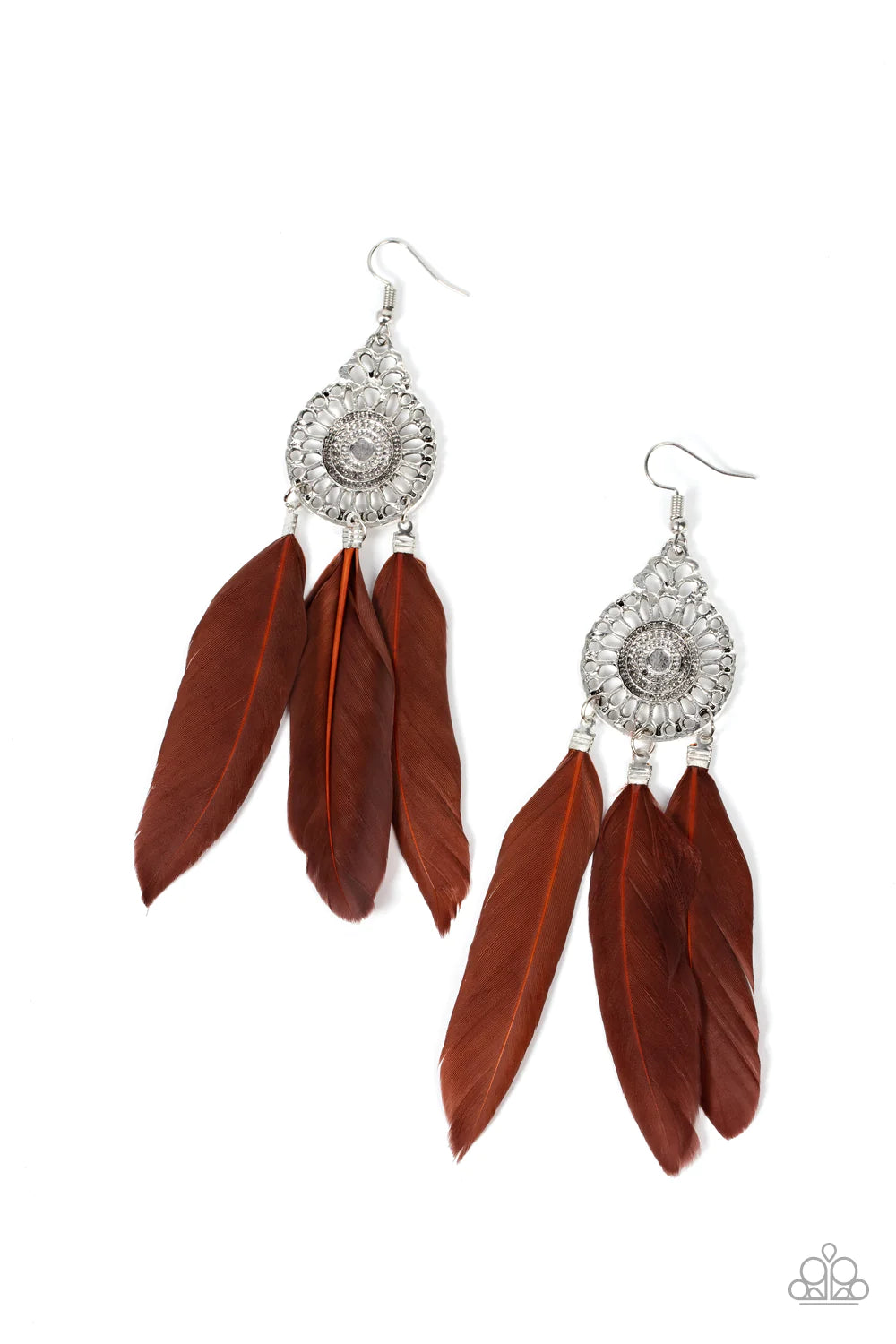 Paparazzi Accessories Pretty in Plumes - Brown Three brown feathers swing from the bottom of a dizzying silver frame featuring airy filigree detail, resulting in a flirtatiously colorful fringe. Earring attaches to a standard fishhook fitting. Sold as one