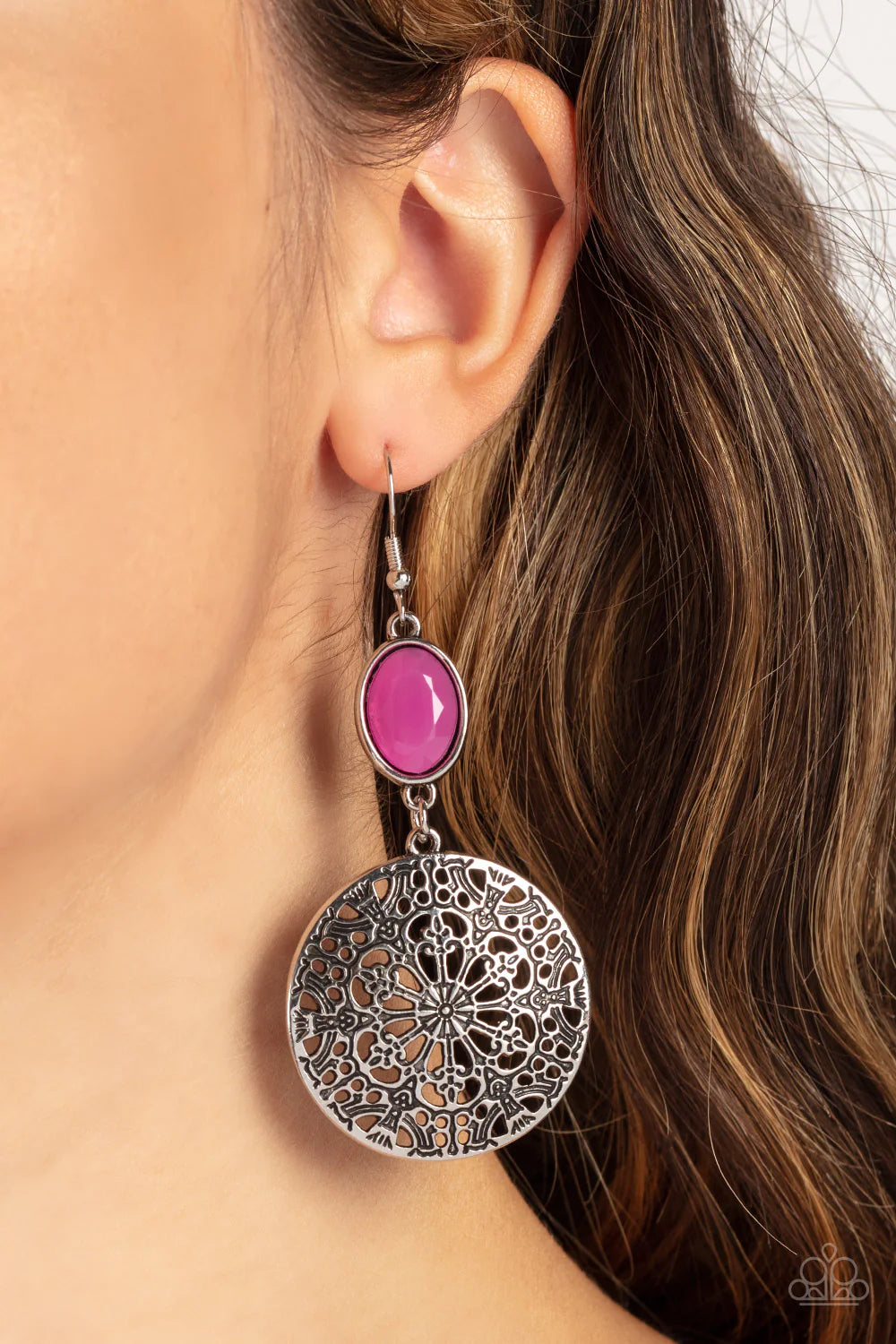 Paparazzi Accessories Eloquently Eden - Pink Blossoming with floral filigree, an antiqued silver disc swings from the bottom of a dewy Fuchsia Fedora bead for an enchanted fashion. Earring attaches to a standard fishhook fitting. Sold as one pair of earri