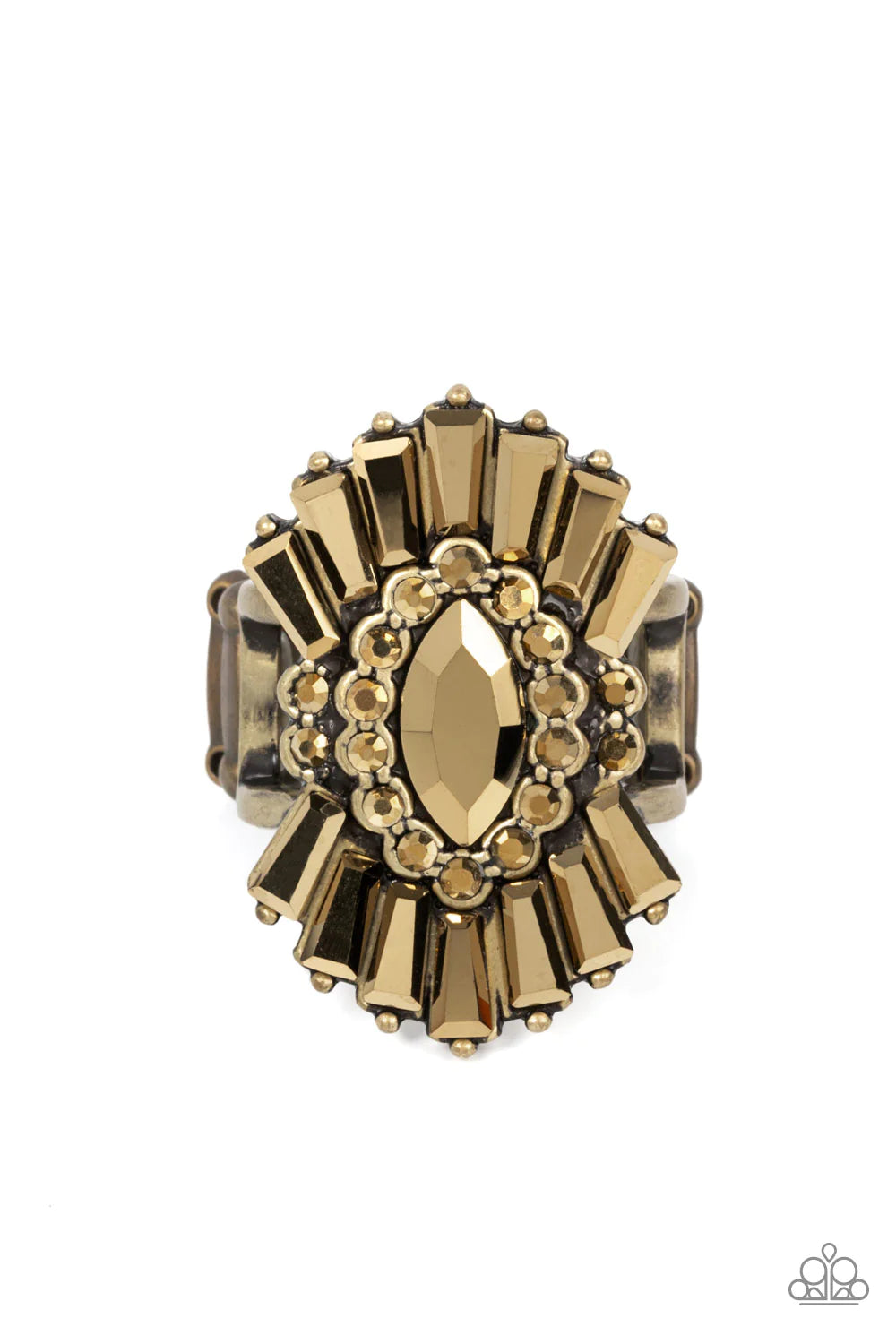 Paparazzi Accessories Daringly Deco - Brass An aurum, marquise-cut rhinestone is bordered in glassy aurum rhinestones atop fans of trapezoidal-cut aurum rhinestones, resulting in an edgy sparkle that explodes atop the finger. Features a stretchy band for