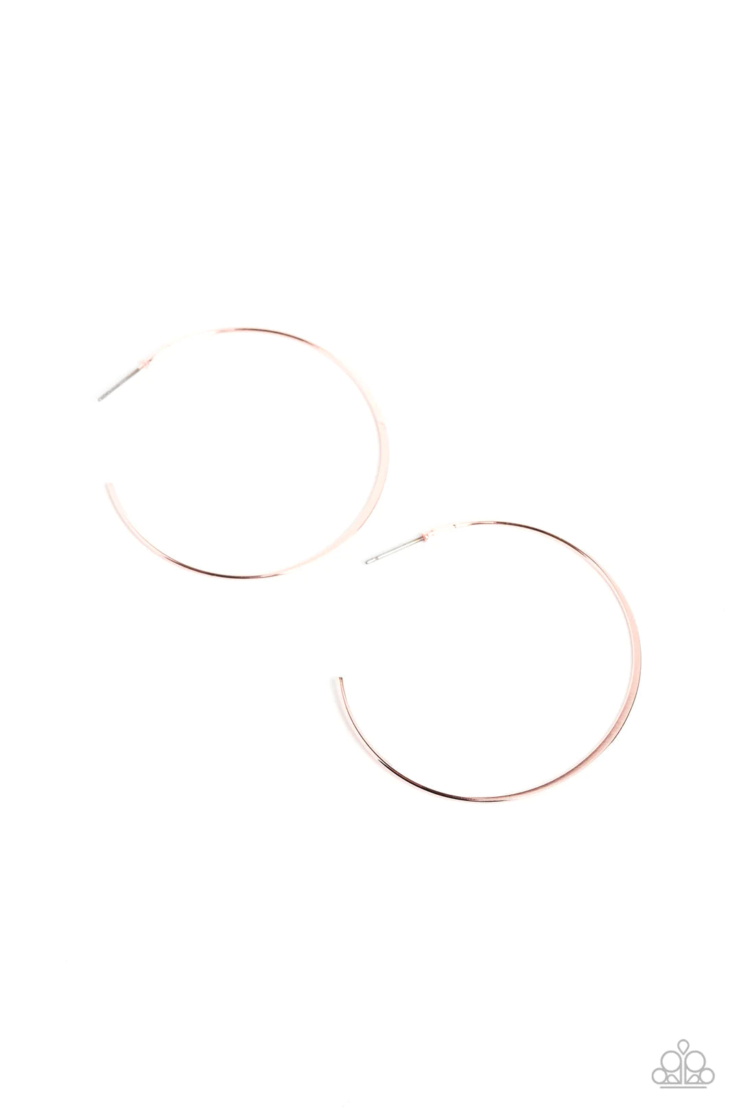 Paparazzi Accessories Seize the Sheen - Rose Gold Featuring a high-sheen, a thin smooth rose gold bar curves into an oversized hoop resulting in a basic staple piece. Earring attaches to a standard post fitting. Hoop measures approximately 2" in diameter.
