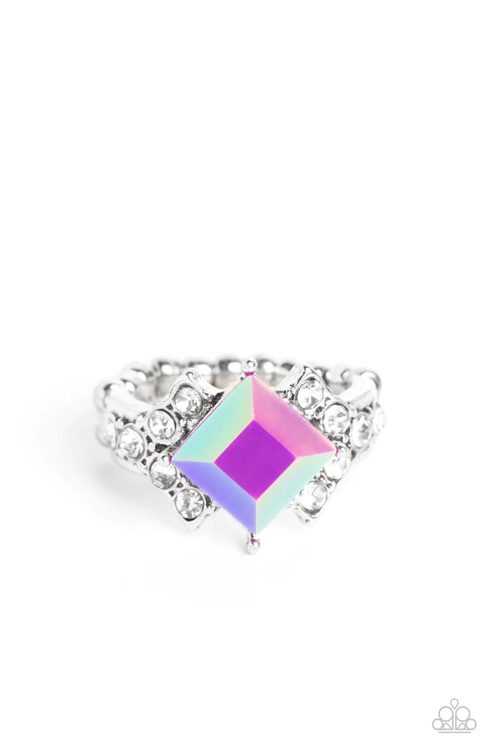 Paparazzi Accessories Mind-Blowing Brilliance - Purple Featuring a stellar iridescence, a tilted purple gem adorns the center of a white rhinestone dotted silver band featuring stacked and studded detail. Features a dainty stretchy band for a flexible fit