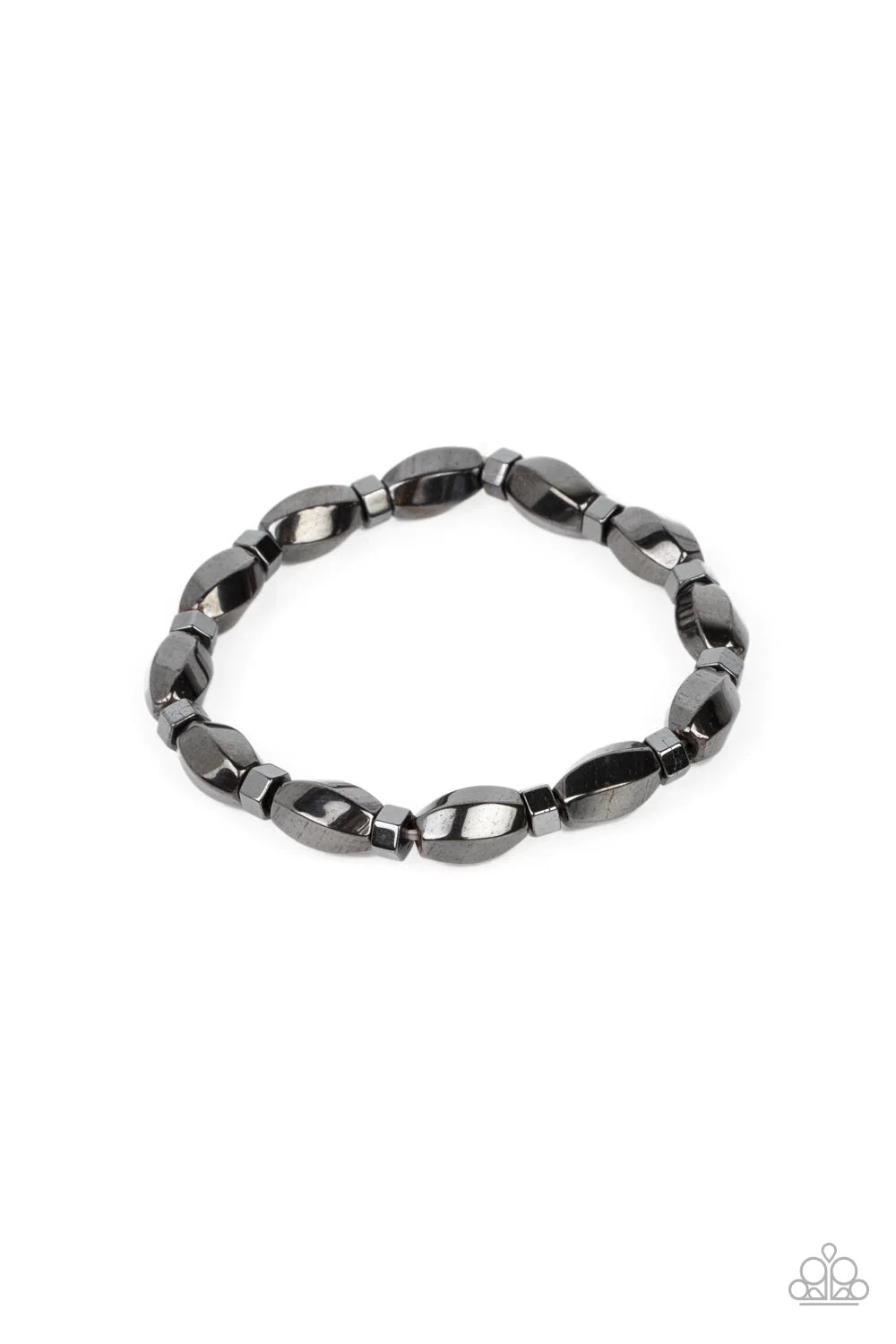 Paparazzi Accessories Magnetic Mantra - Black Faceted gunmetal beads and hexagonal rings alternate along stretchy bands around the wrist, resulting in a gritty centerpiece. Sold as one individual bracelet. Jewelry
